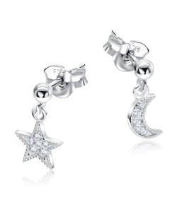 Moon And Star Designed With CZ Stone Silver Ear Stud STS-5539